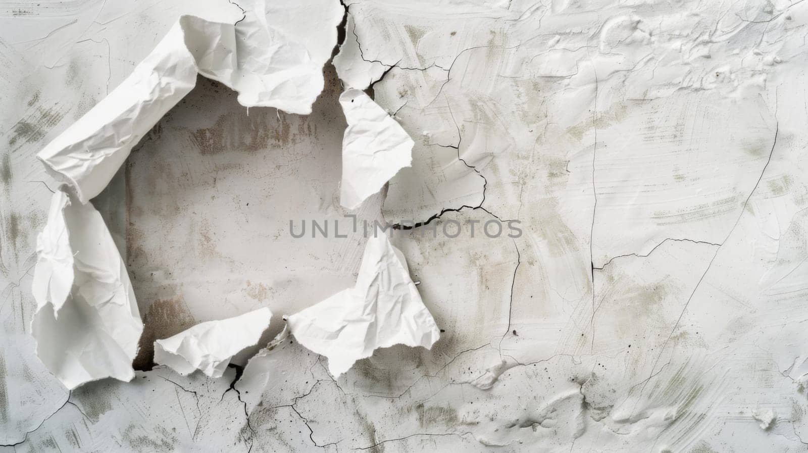 A white wall with a hole in the center, showing the structure and texture of the walls material.