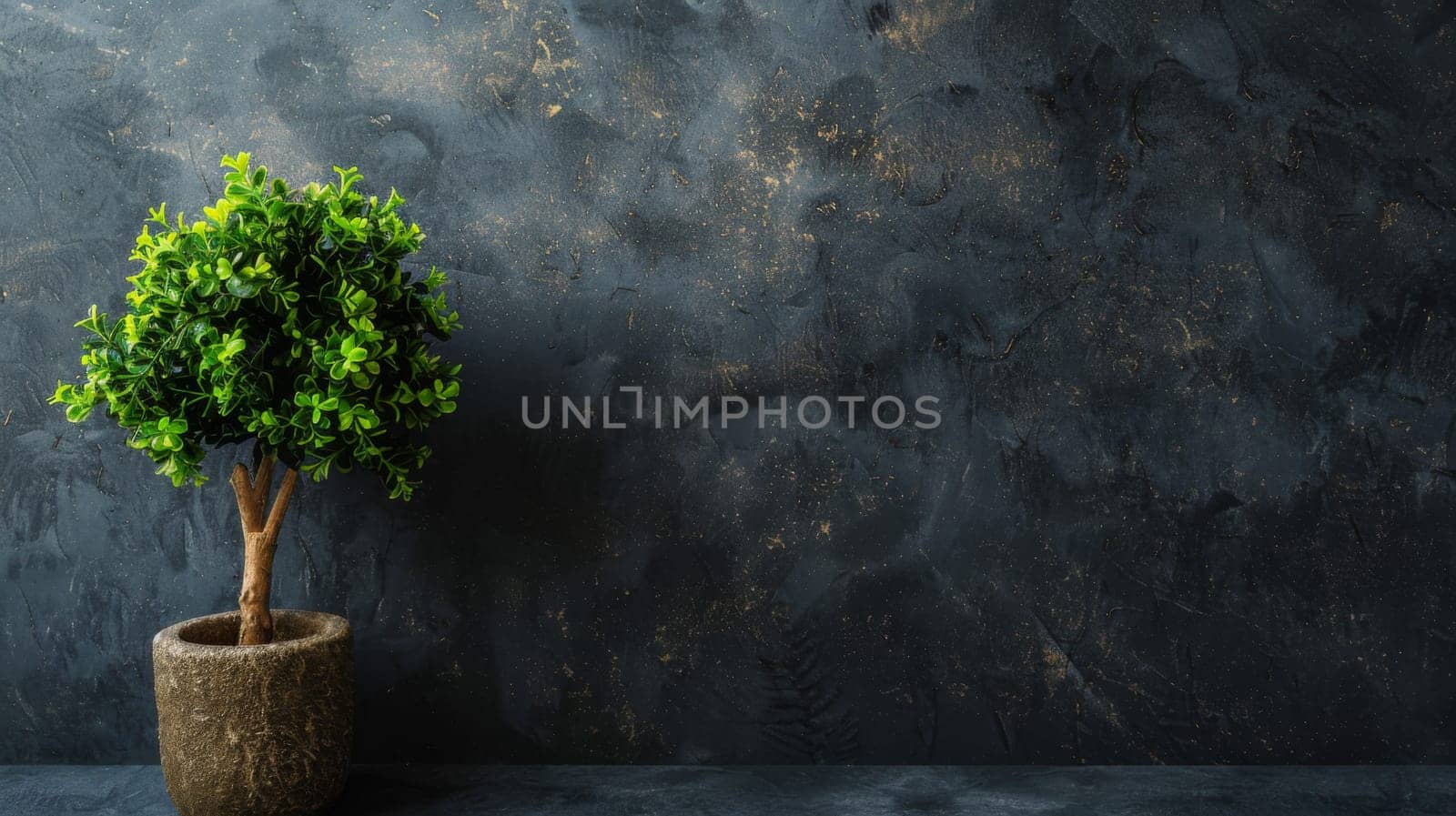 A green potted plant is placed on top of a wooden table, adding a touch of nature to the indoor space.