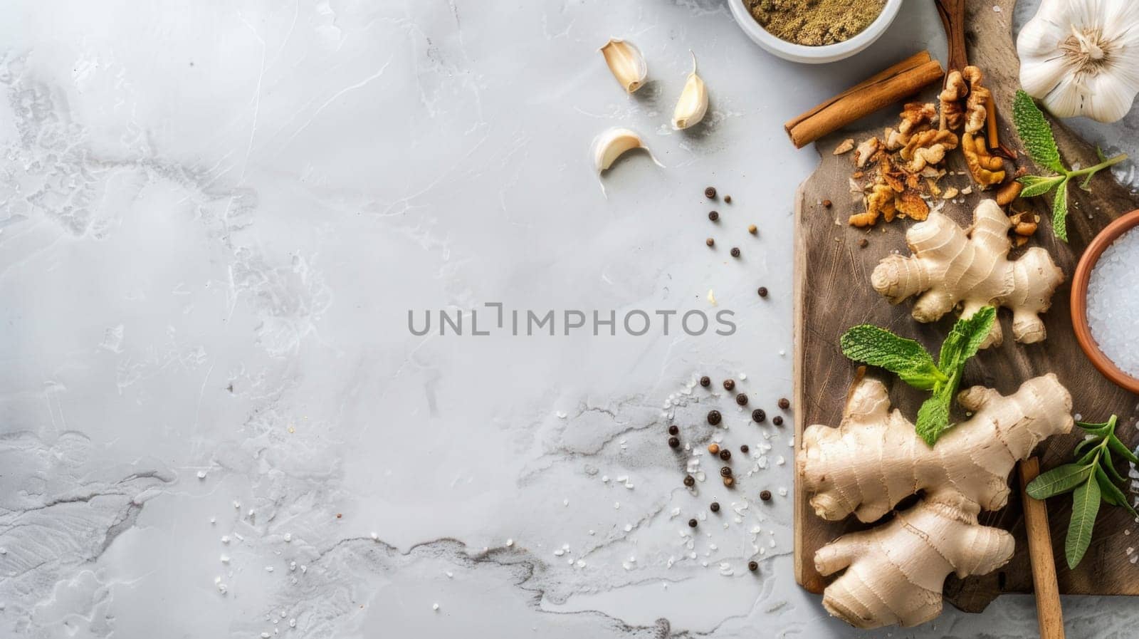 A wooden cutting board neatly arranged with thinly sliced pieces of ginger. The ginger is fresh and fragrant, ready to be used in cooking or baking. The board is clean and well-maintained, displaying the vibrant colors and textures of the ginger slices.