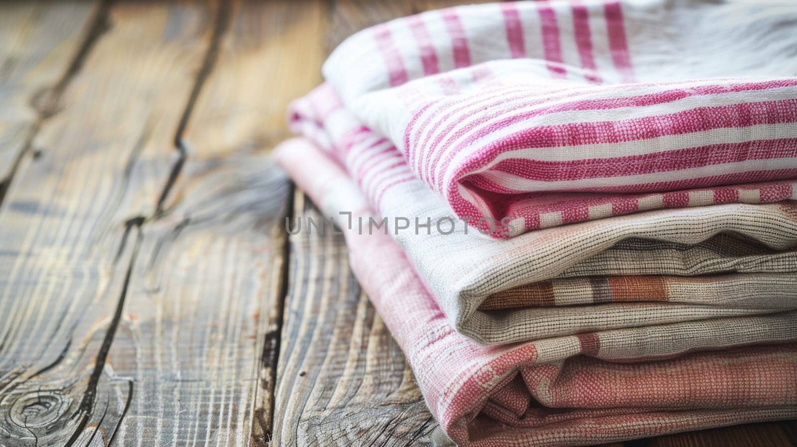 A neatly arranged stack of folded towels is placed on top of a wooden floor. The towels appear clean and uniform in size, enhancing the neatness of the stack.