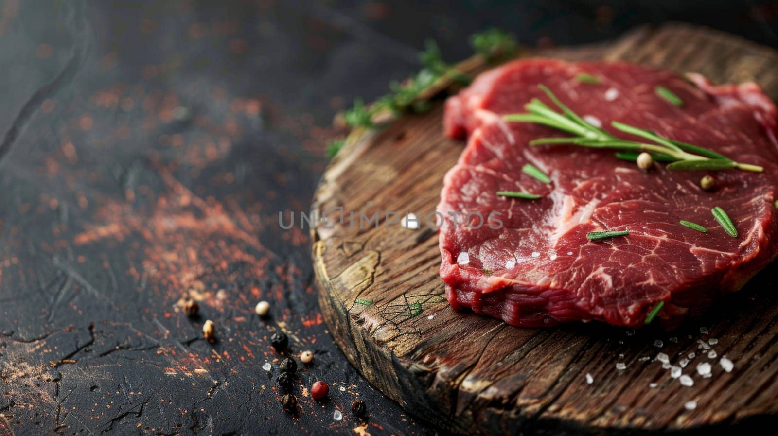 A piece of raw meat is placed on top of a wooden cutting board, ready for preparation. The meat appears fresh and is the focal point of the scene.