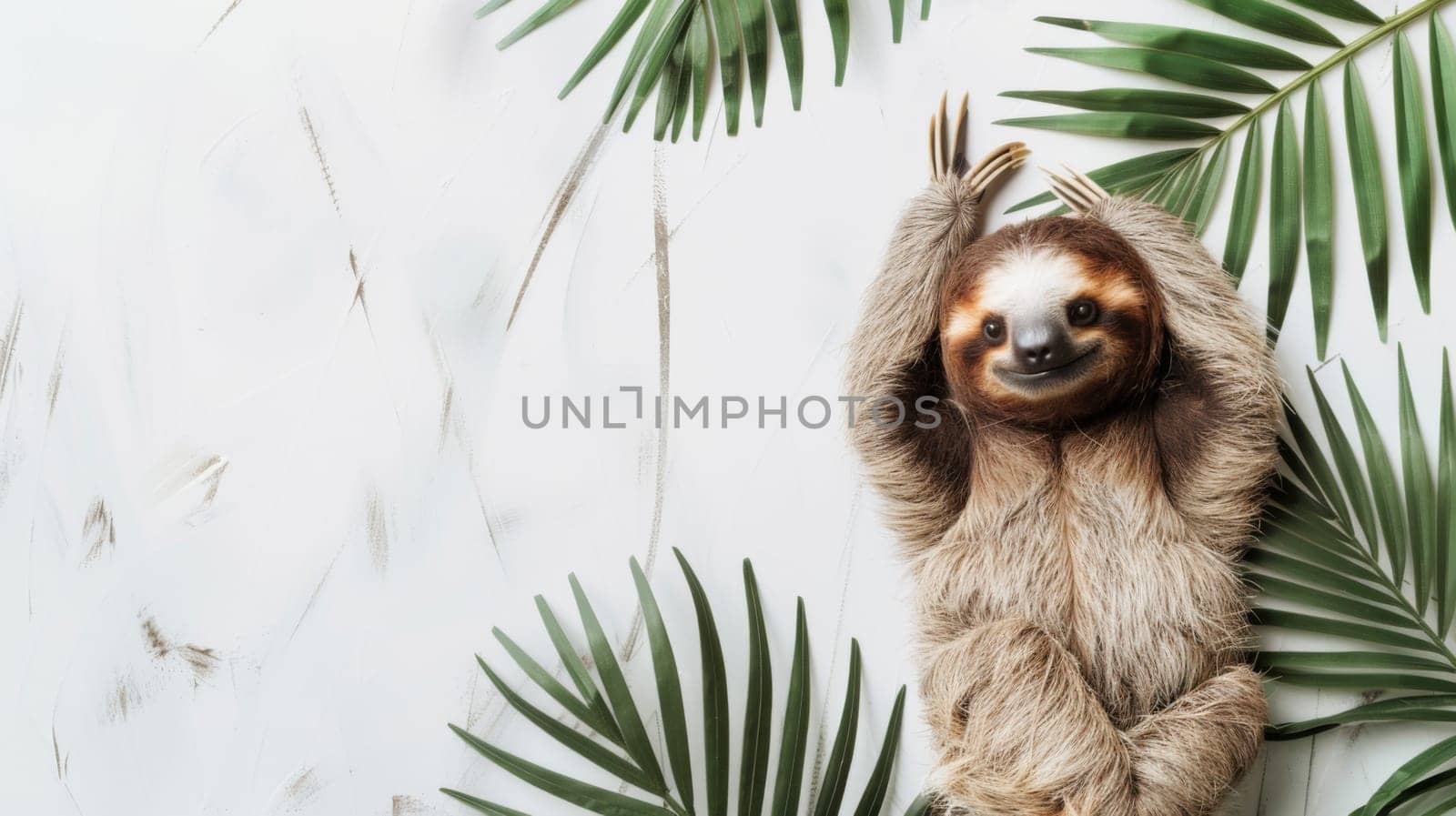 A brown and white sloth is hanging from a palm tree, showcasing its slow and deliberate movements. The sloths claws grip tightly onto the tree trunk as it appears to be resting or feeding on leaves.