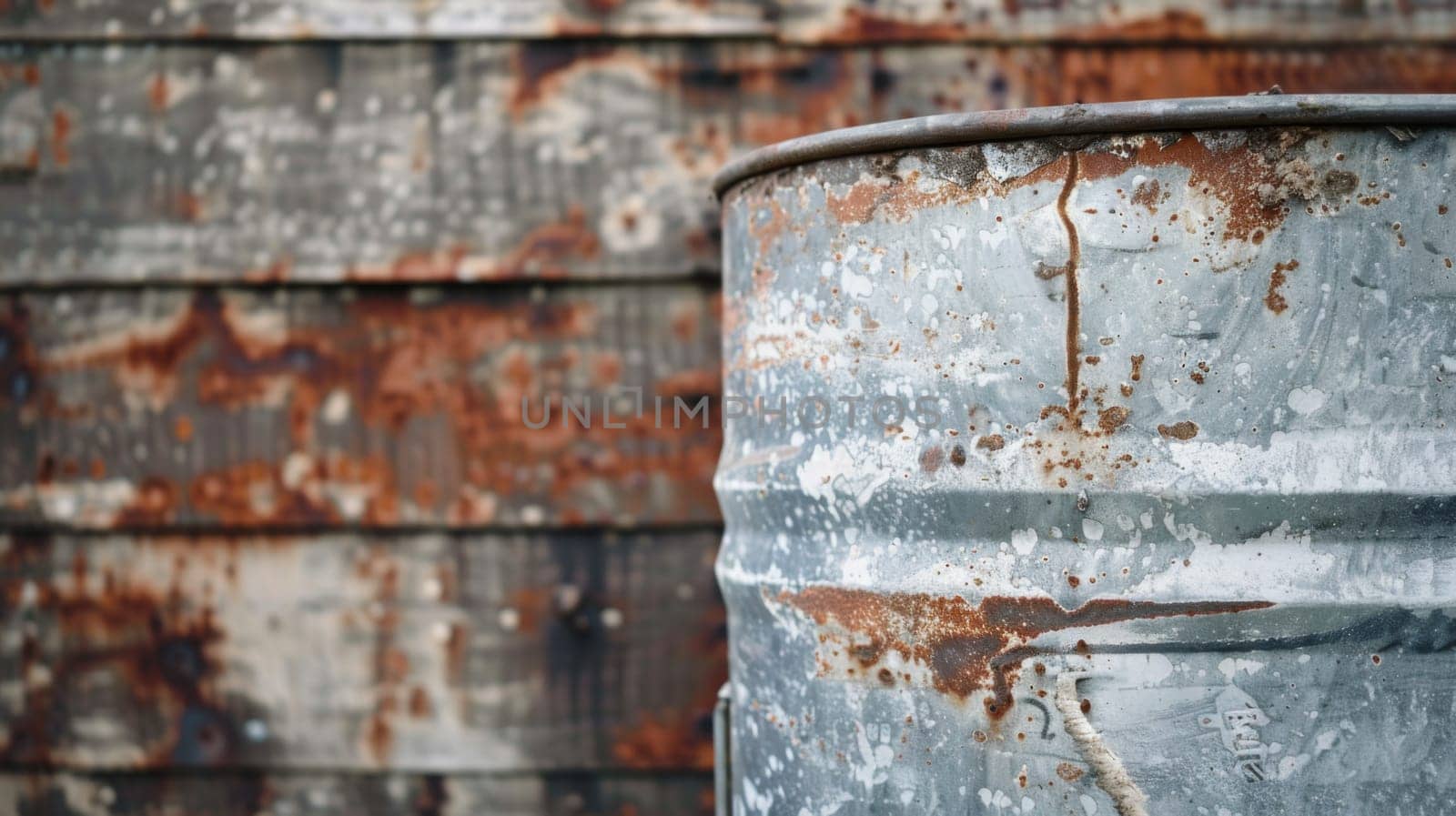 A large metal barrel is positioned beside a building, serving as storage or container for liquids or materials. The barrel appears weathered and industrial against the backdrop of the building.