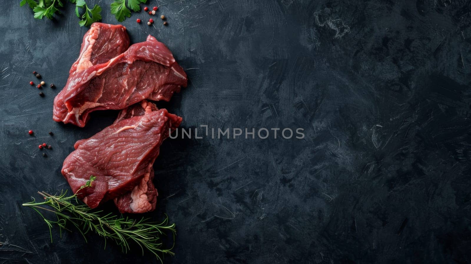 Several uncooked beef steaks seasoned with herbs and spices are displayed on a dark black surface. The marbled meat contrasts with the vibrant green herbs and colorful spices, creating a visually striking image.