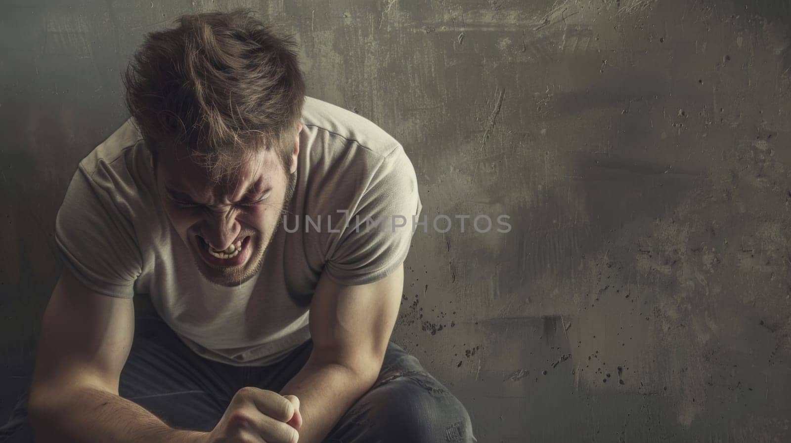 A man is seated on the ground, with his hands resting on his knees. He appears contemplative, perhaps deep in thought or reflecting on something. The posture suggests a moment of introspection or pause.