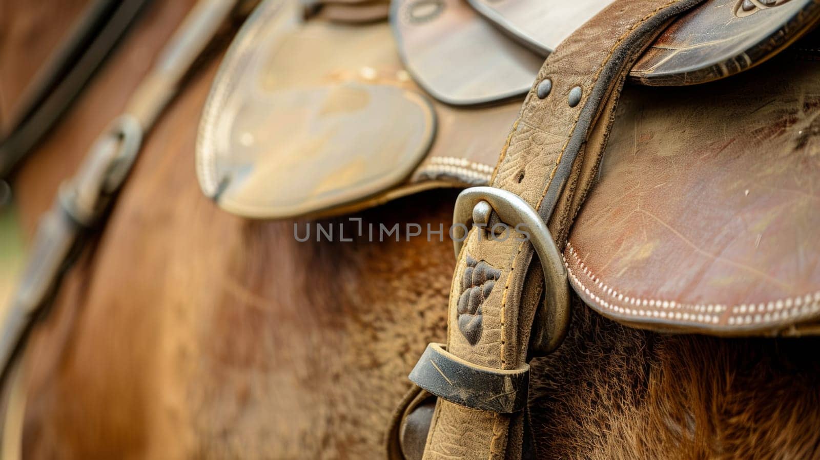 Up close view of a horses bridle and saddle, showcasing detailed craftsmanship and materials. The leather bridle is secured around the horses head, connected to the bit in its mouth. The saddle is fitted on the horses back, providing support and comfort for riders.