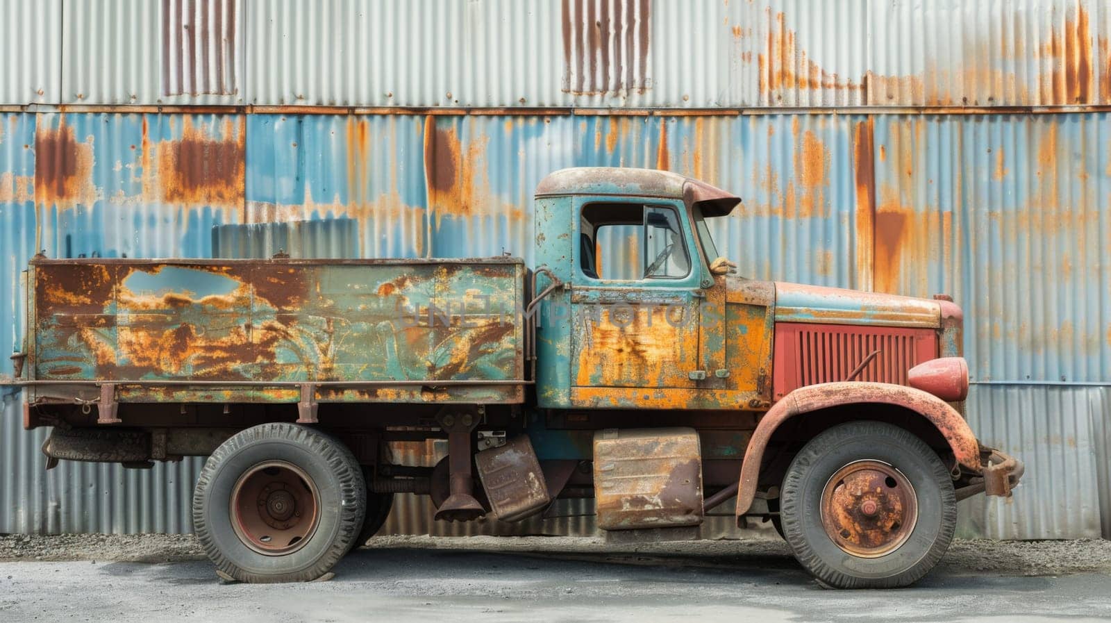 An old, weathered truck covered in rust is parked in front of a building. The truck shows signs of age and neglect, with faded paint and worn tires. It stands as a relic of the past against the backdrop of the weathered building.
