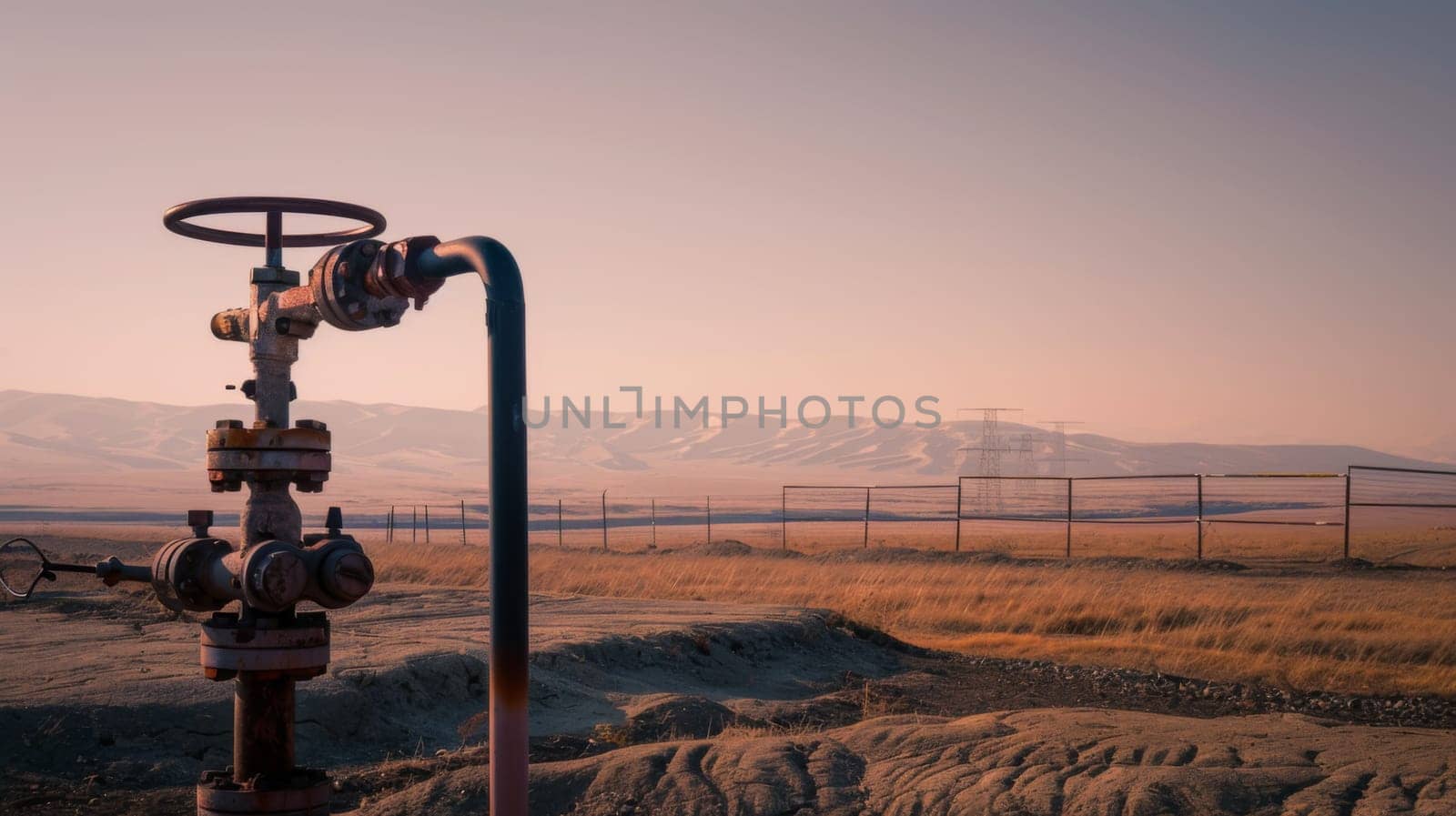 A pipe stands tall in a vast field, surrounded by rolling mountains in the distance. The industrial structure contrasts with the natural landscape, symbolizing human impact on the environment.