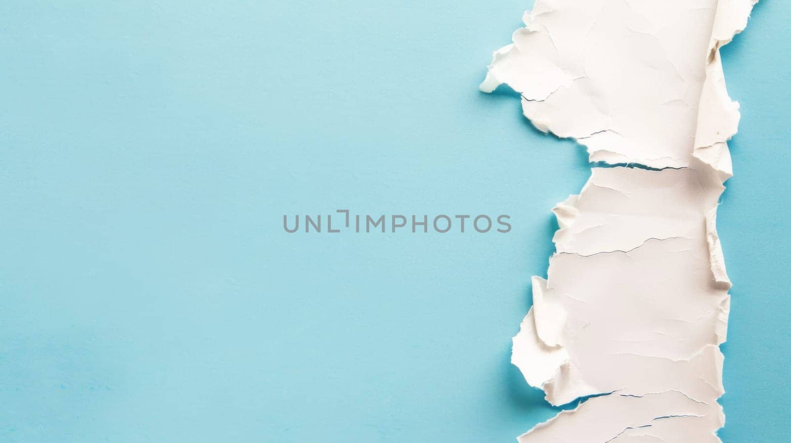 A torn piece of paper lies haphazardly on a vibrant blue background. The paper appears to be crumpled, with jagged edges and visible creases, creating a stark contrast against the solid blue surface.