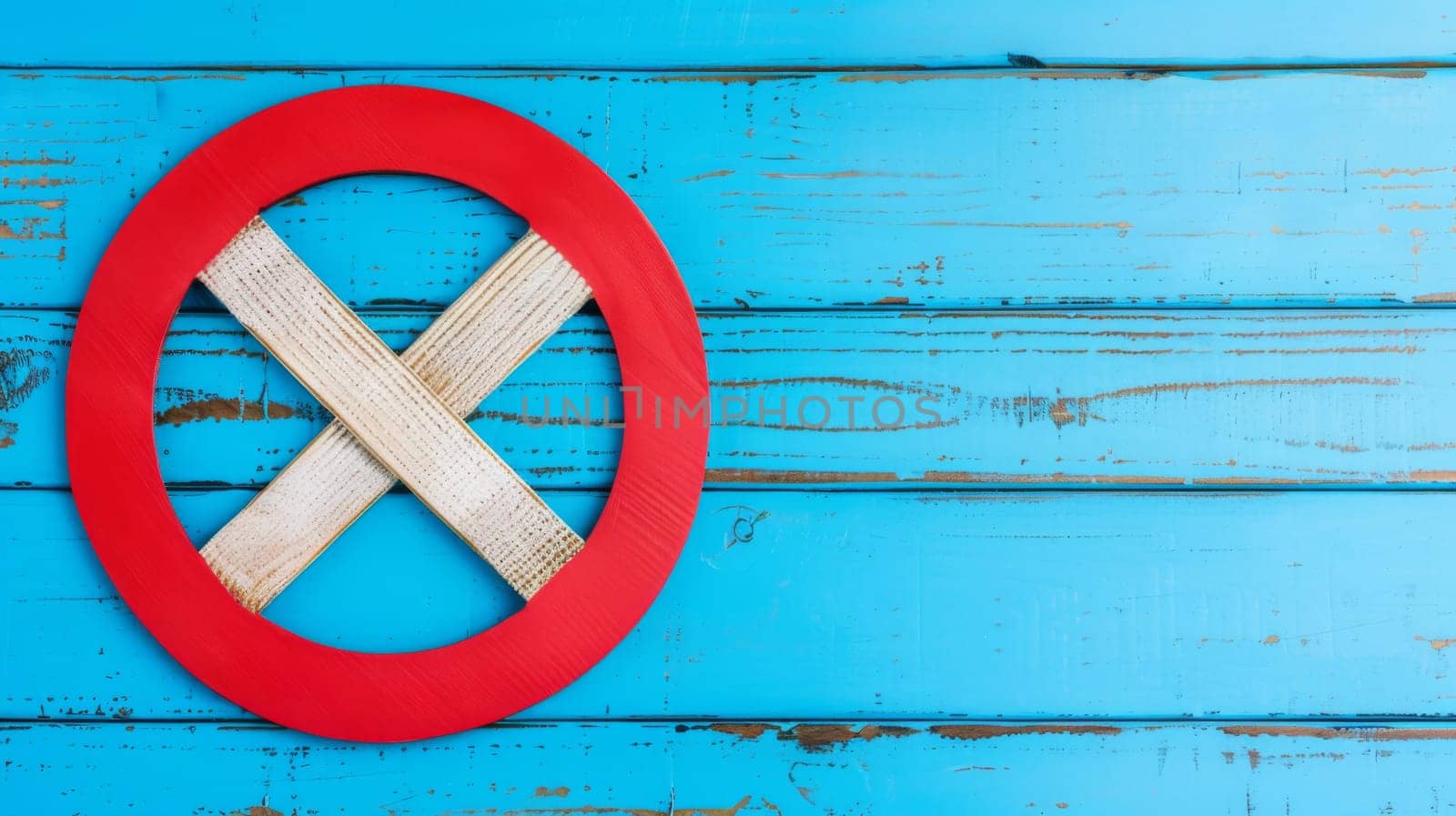 A red circle with a cross inside it stands out against a stark blue background. The simplicity of the design creates a striking visual contrast.
