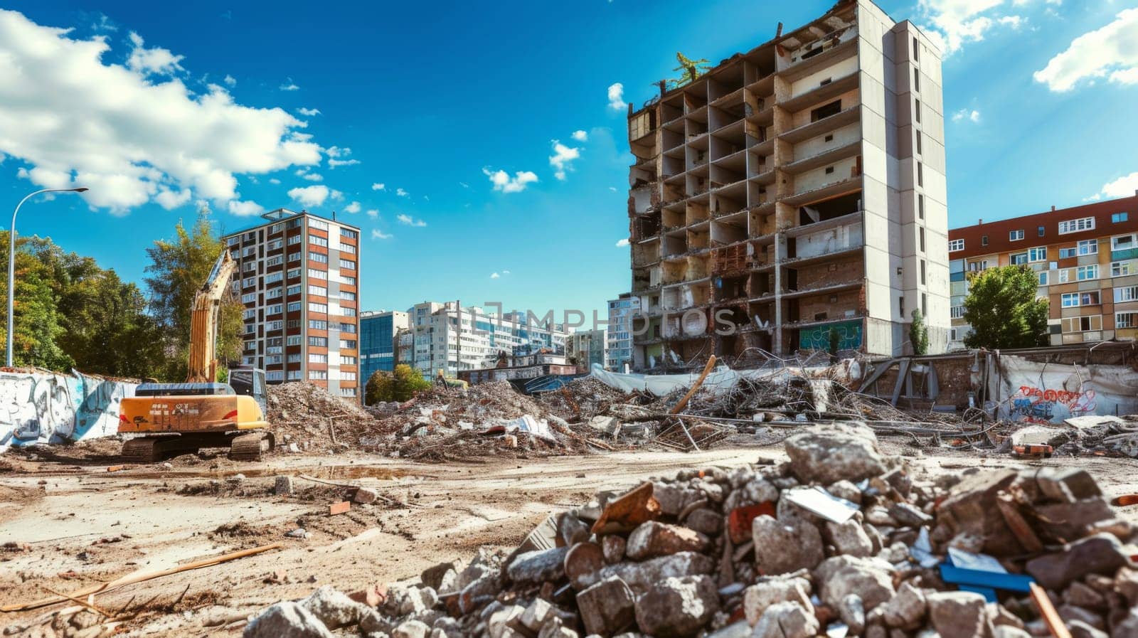 A significant amount of debris and rubble is piled up next to a towering building. The scene suggests demolition or construction work in progress, with the rubble waiting to be cleared away.