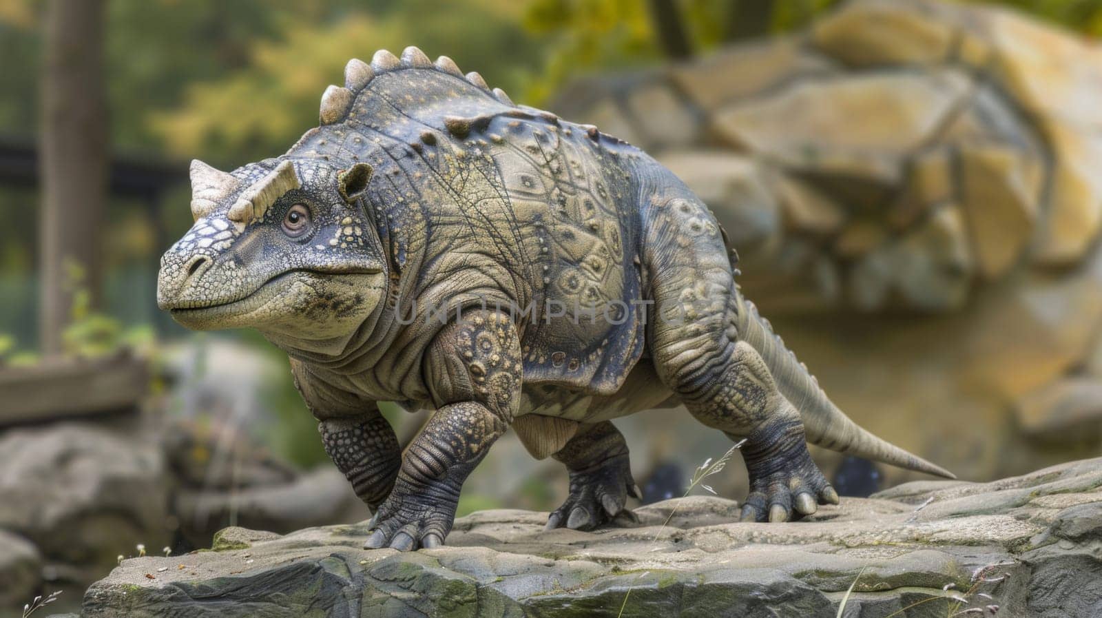 A close-up view of a toy dinosaur figurine positioned on top of a rugged rock surface, showcasing intricate details and textures.