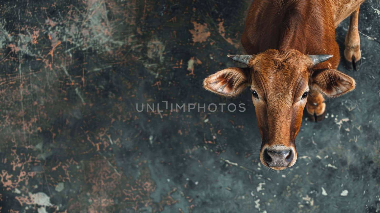 A brown cow is standing on top of a cement floor, looking around its surroundings in a rural setting. The cows fur is a dark brown color, and its hooves rest firmly on the grey surface. The scene captures a moment of stillness as the cow stands on the solid ground.