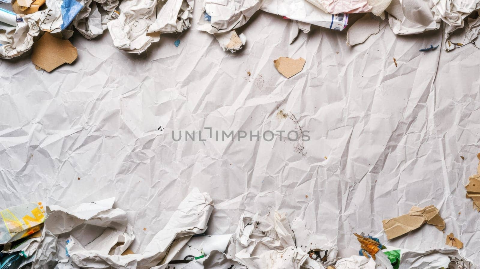 A messy pile of torn up paper is scattered on top of a wooden table, some pieces crumpled while others lay flat. The torn edges of the sheets are visible, indicating rough tearing motions.