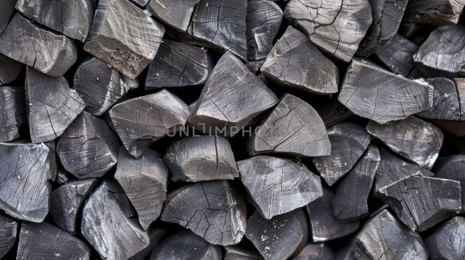 A neat pile of chopped wood logs lined up next to each other. The logs are uniform in size and shape, with the wood showing its natural texture and color. This scene suggests preparation for fireplace or outdoor fire.