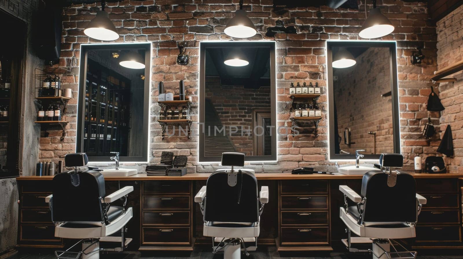 A bustling barber shop filled with numerous chairs and customers getting haircuts and shaves. The brick wall adds a touch of industrial charm to the environment.