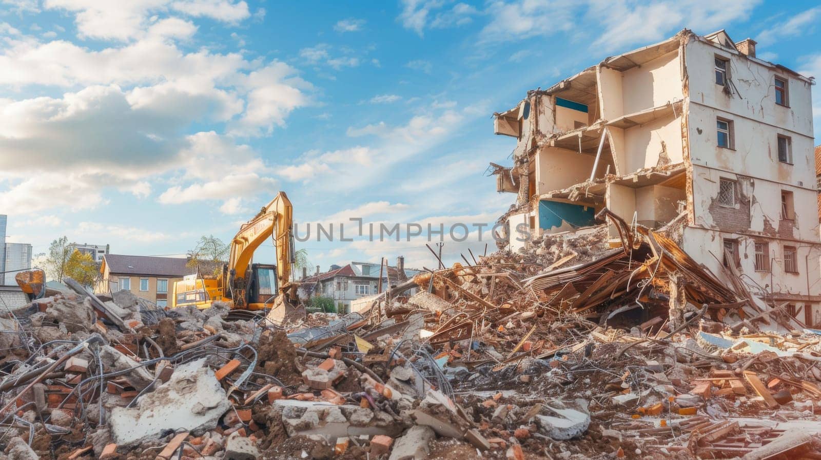 A bulldozer is actively excavating a large pile of rubble, forcefully pushing and lifting debris as it clears the area. The heavy machinery is equipped with a powerful shovel that efficiently digs through the scattered rocks and concrete.