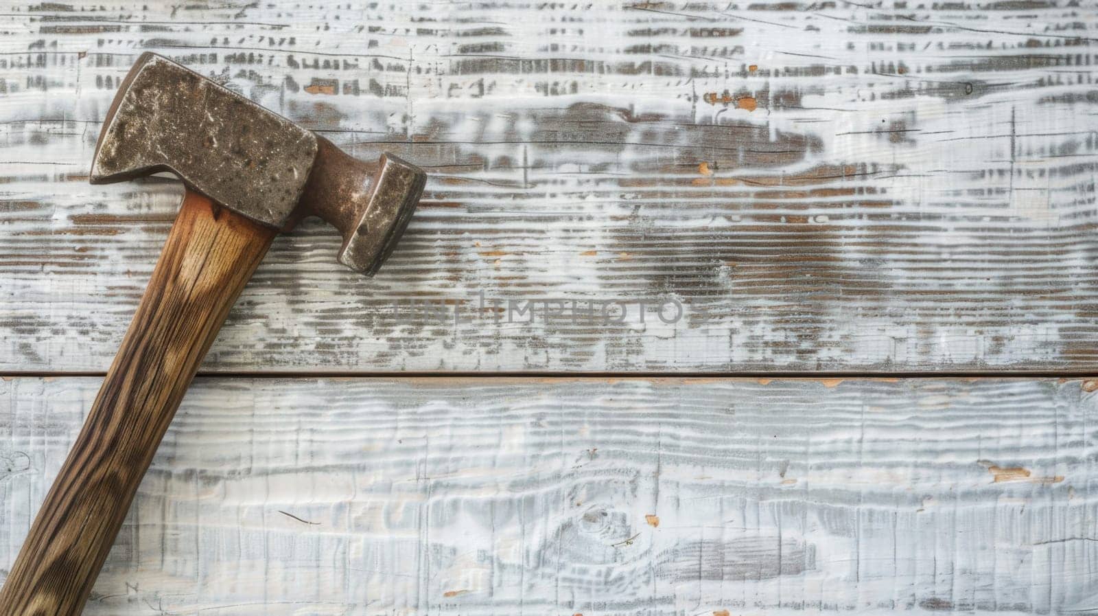 A weathered hammer lays on a textured wooden surface, showcasing years of use. The aged tools metal head and wooden handle contrast against the rustic backdrop.