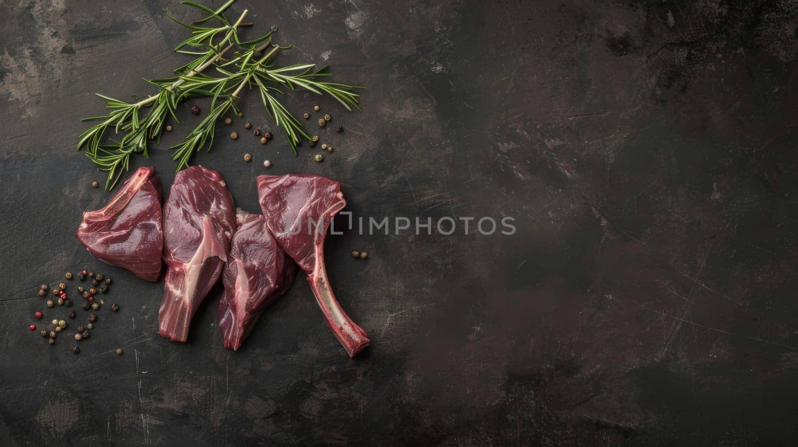 Fresh raw meat covered in a variety of herbs and spices, ready for cooking on a dark backdrop. The ingredients are visually striking and evoke a sense of culinary preparation.