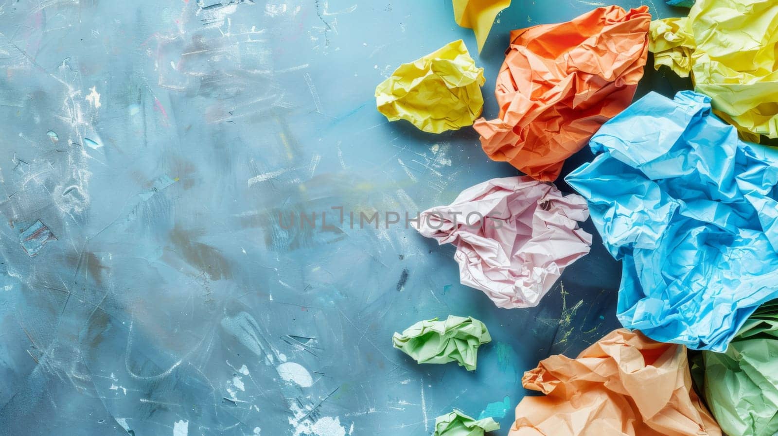 Assorted crumpled paper of various colors strewn on a vibrant blue tabletop. The wrinkled papers create a captivating texture against the smooth blue backdrop, showcasing a contrast in shapes and shades.