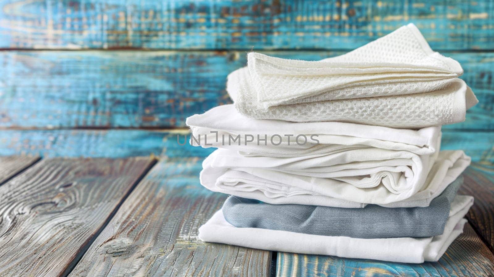A neatly arranged stack of folded clothes sits on a wooden floor, showcasing various fabrics and colors. The clothes appear freshly laundered and ready to be put away or worn.