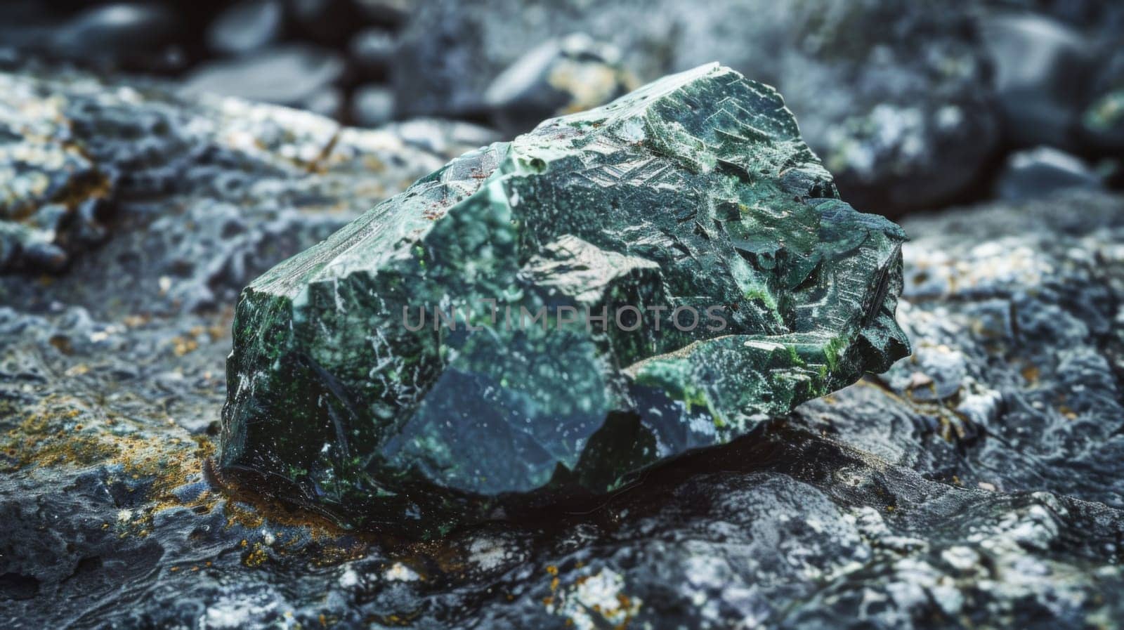 A green rock is positioned atop a collection of other rocks, standing out due to its distinct color. The individuality of the green rock can be seen against the backdrop of the gray and brown rocks that form the pile.