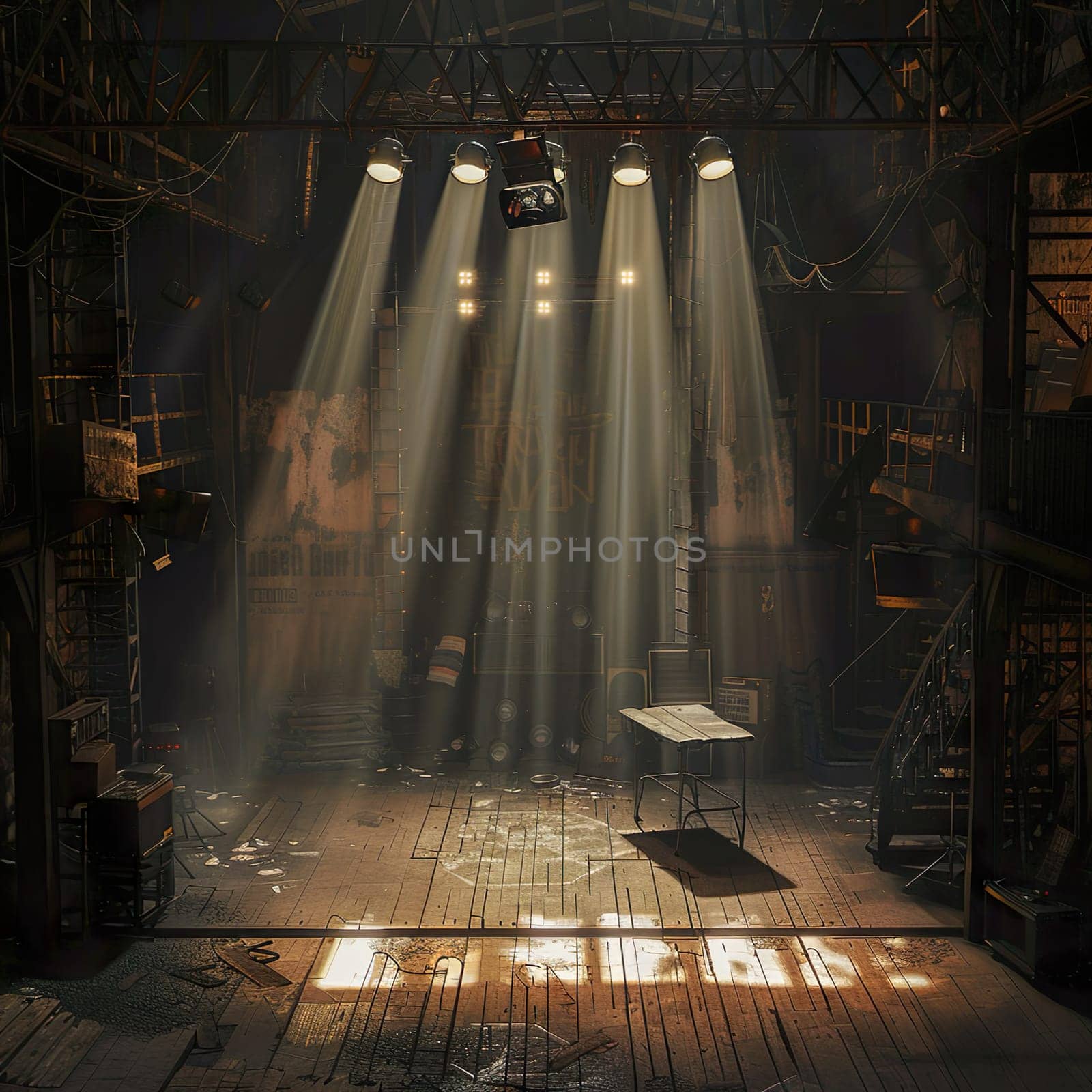 Photo of an old empty stage illuminated with spotlights generated by artificial intelligence