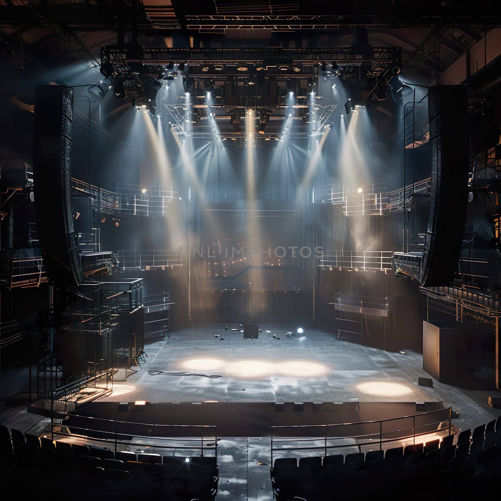 Photo of an old empty stage illuminated with spotlights generated by artificial intelligence
