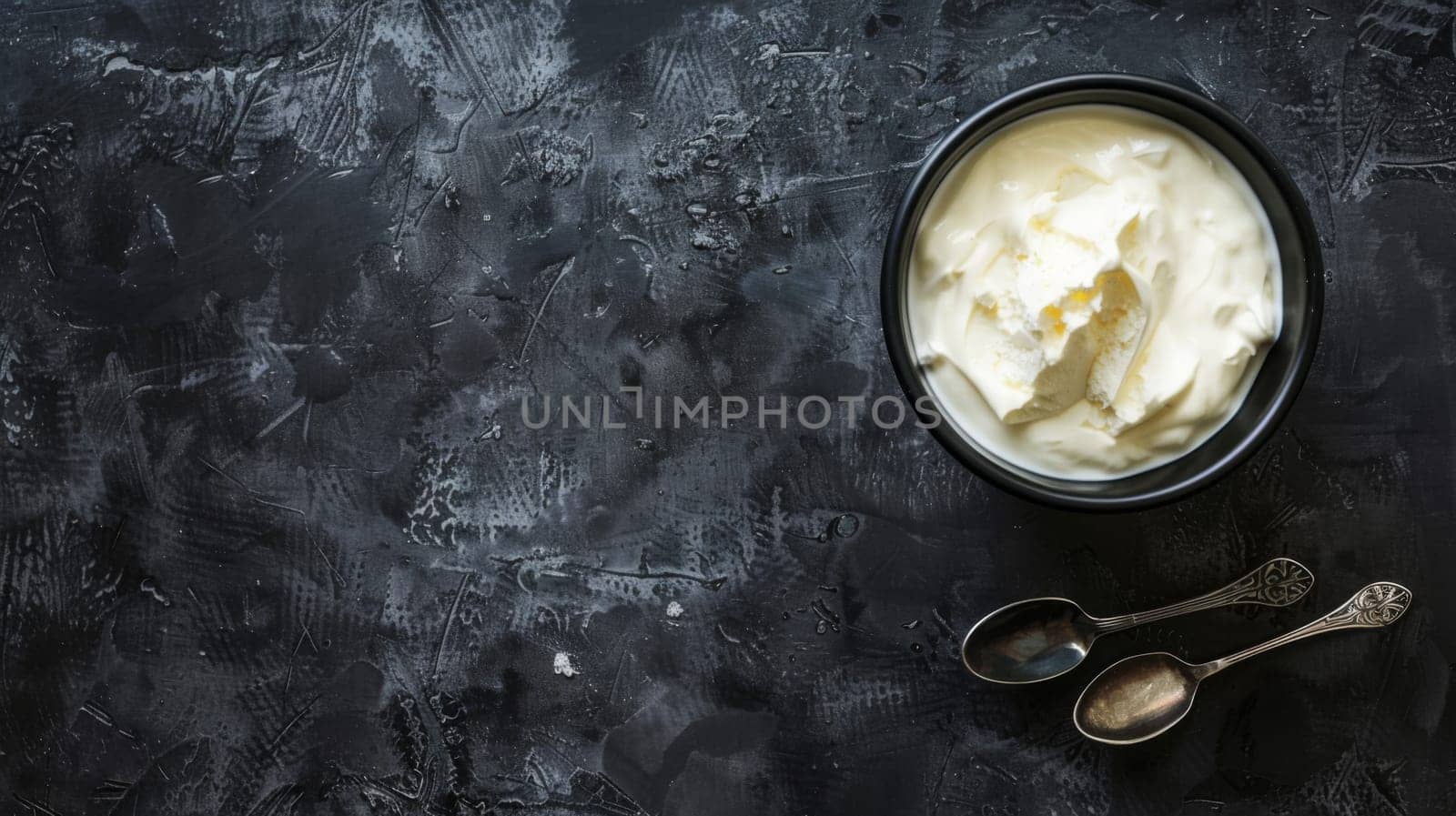 A white ceramic bowl filled with fluffy whipped cream sits on a table next to two silver spoons. The smooth texture of the cream contrasts with the shiny metal of the spoons.