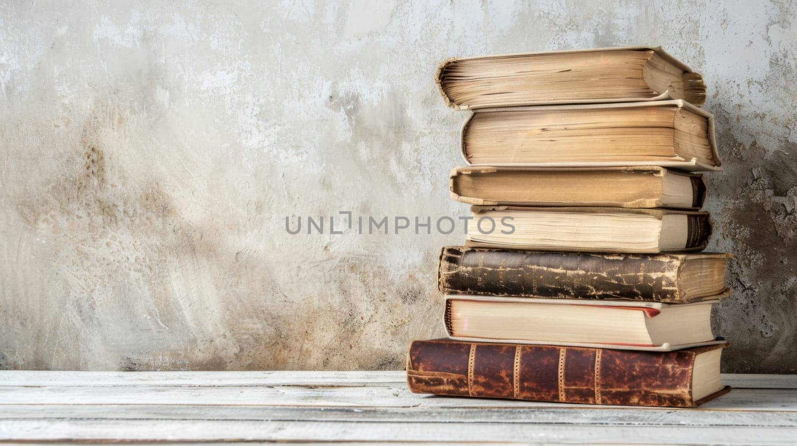 A neat stack of books is placed on top of a wooden table. The books are of various sizes and colors, creating a visually interesting arrangement.