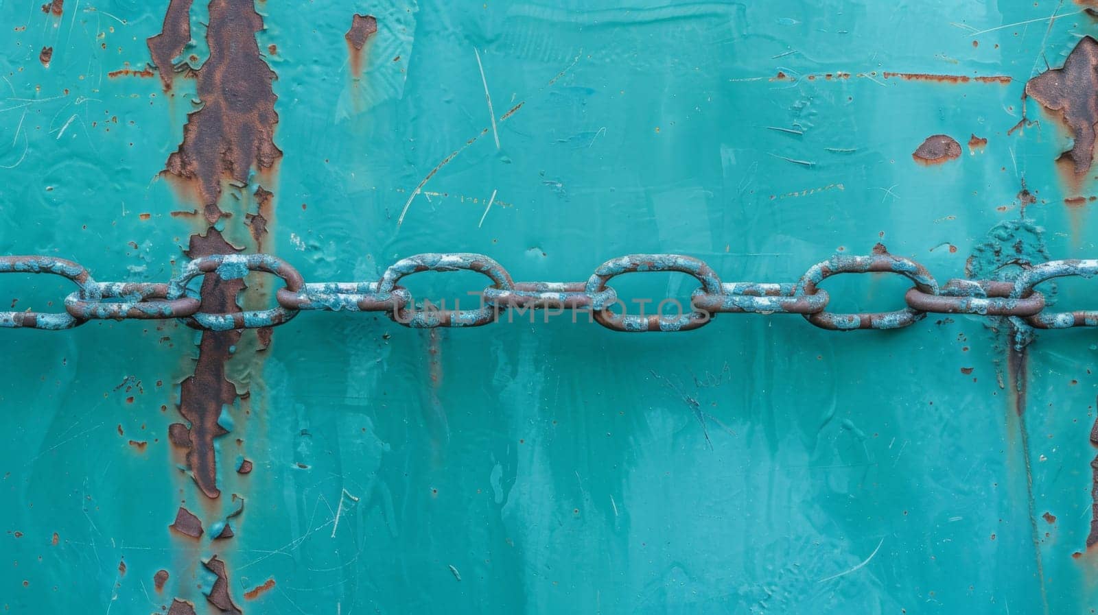 A detailed view of a metal chain hanging on a vibrant blue wall. The chain reflects light, showcasing its intricate links and texture against the smooth surface. The contrast between the industrial chain and the colorful background adds visual interest.