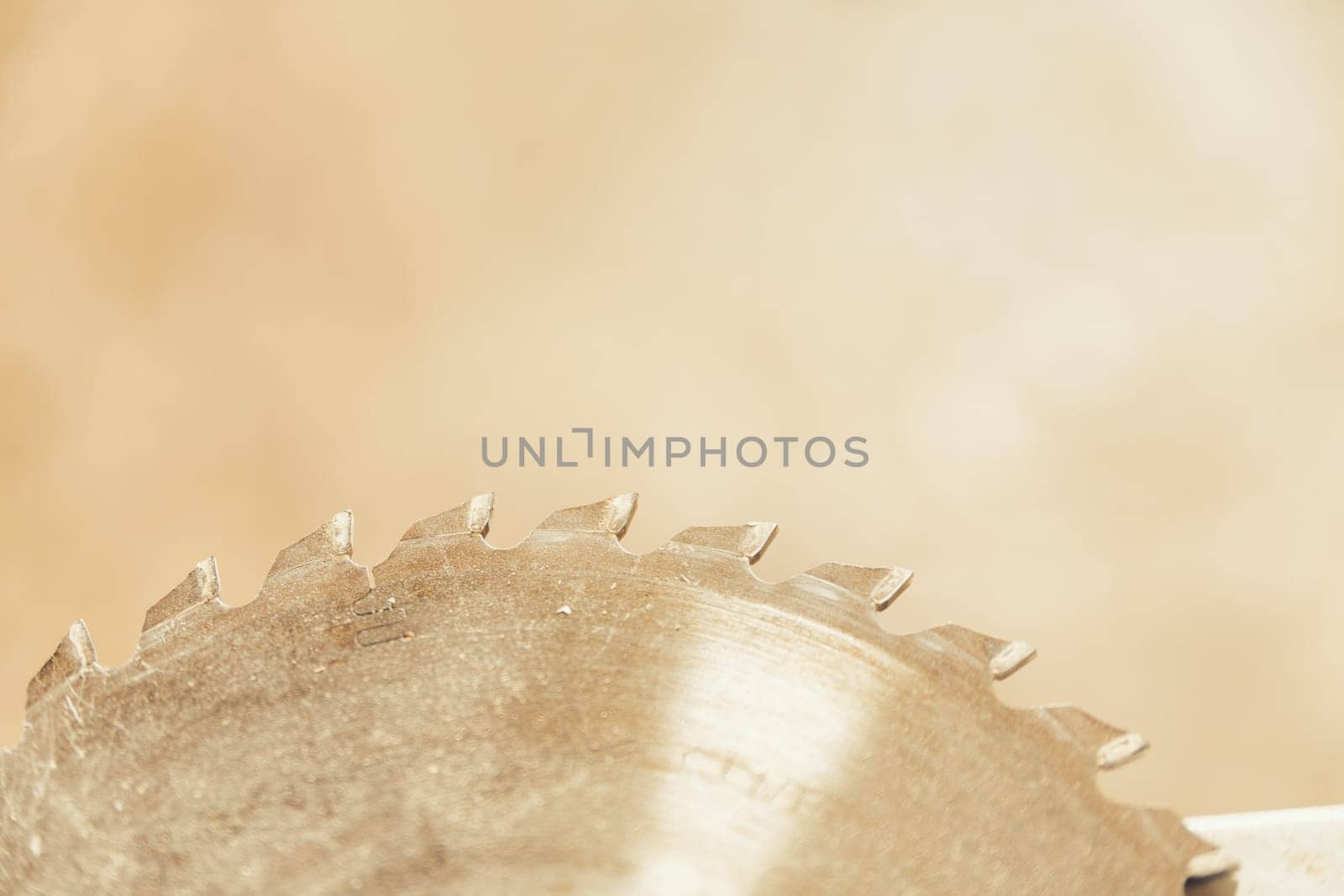 Close-up detail of half circle of toothed circular saw seen in profile in focus, while the rest of the carpenter's workshop is blurred behind.