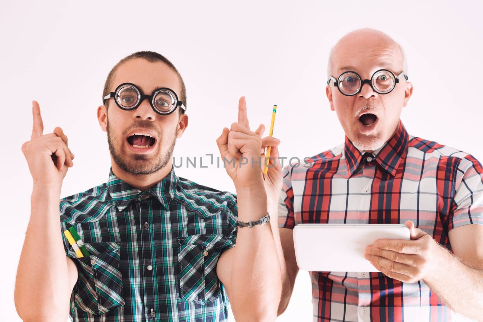 Lighthearted scene as two nerds make a comic gesture