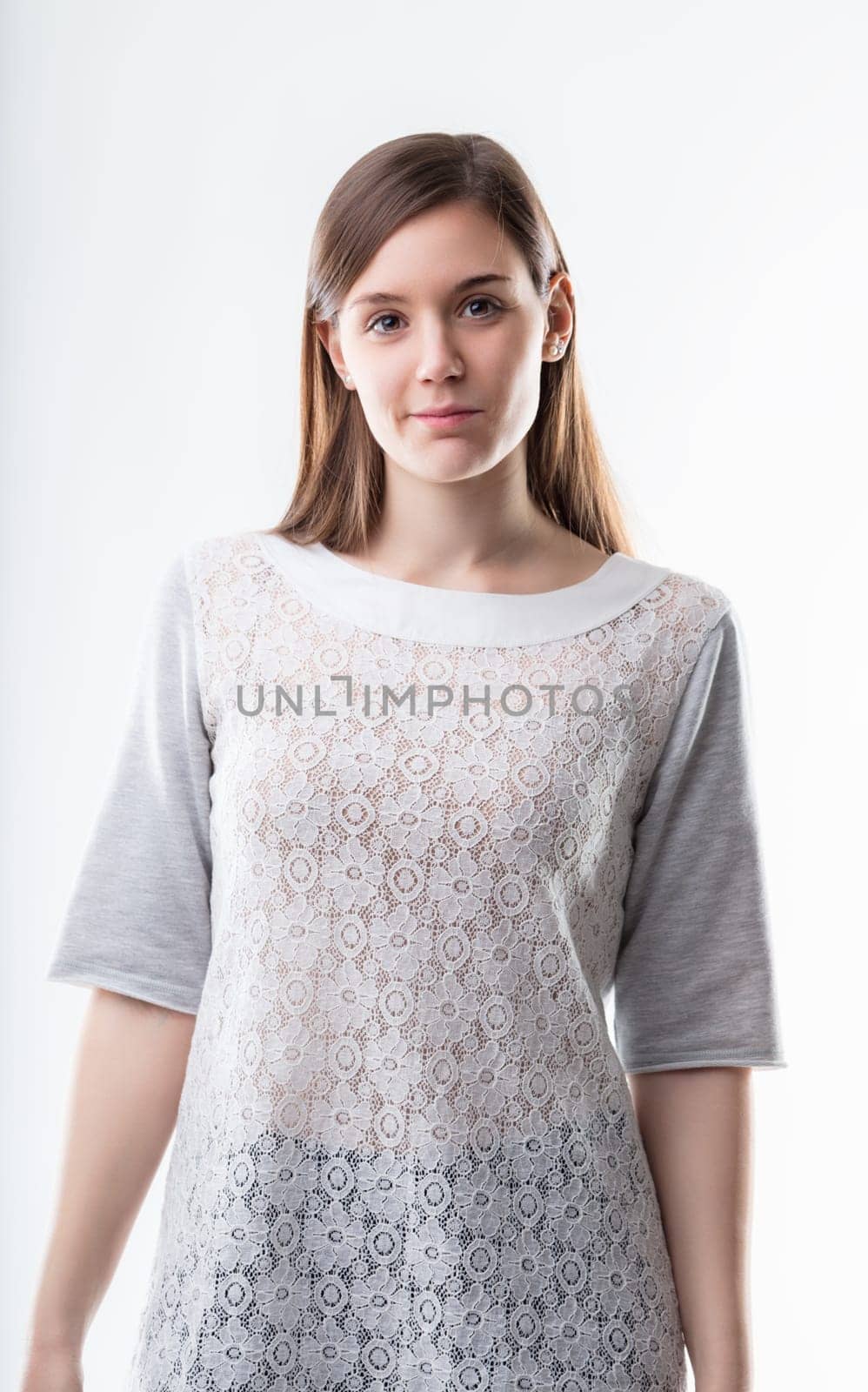 Graceful presence of a young lady, the intricate lace pattern adding to her genteel appearance