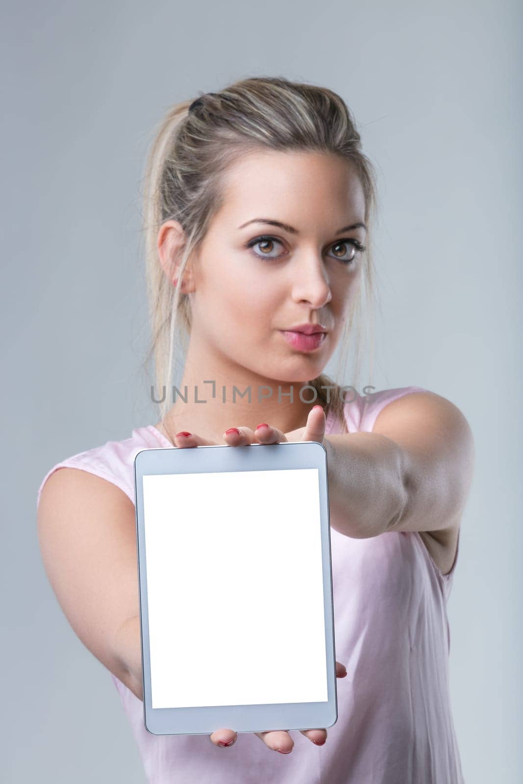 Modern communicator showcases tablet, perfect for tech presentations