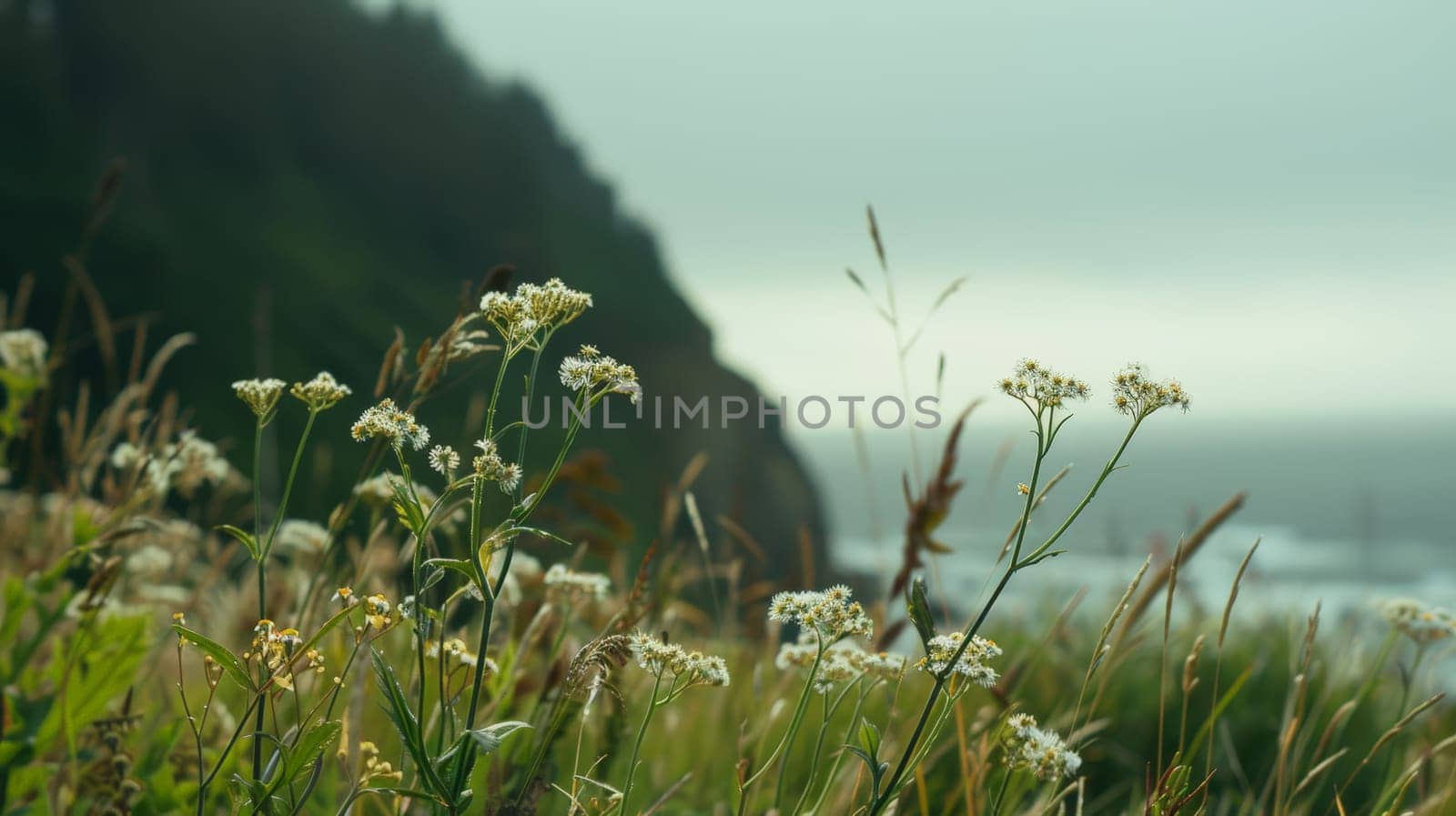 Behold the vibrant tapestry of wildflowers against the picturesque backdrop of the coast, where nature's splendor takes center stage. With a focus on the intricate details of the plants, the ethereal bokeh adds a touch of magic, transforming the scene into a whimsical paradise.