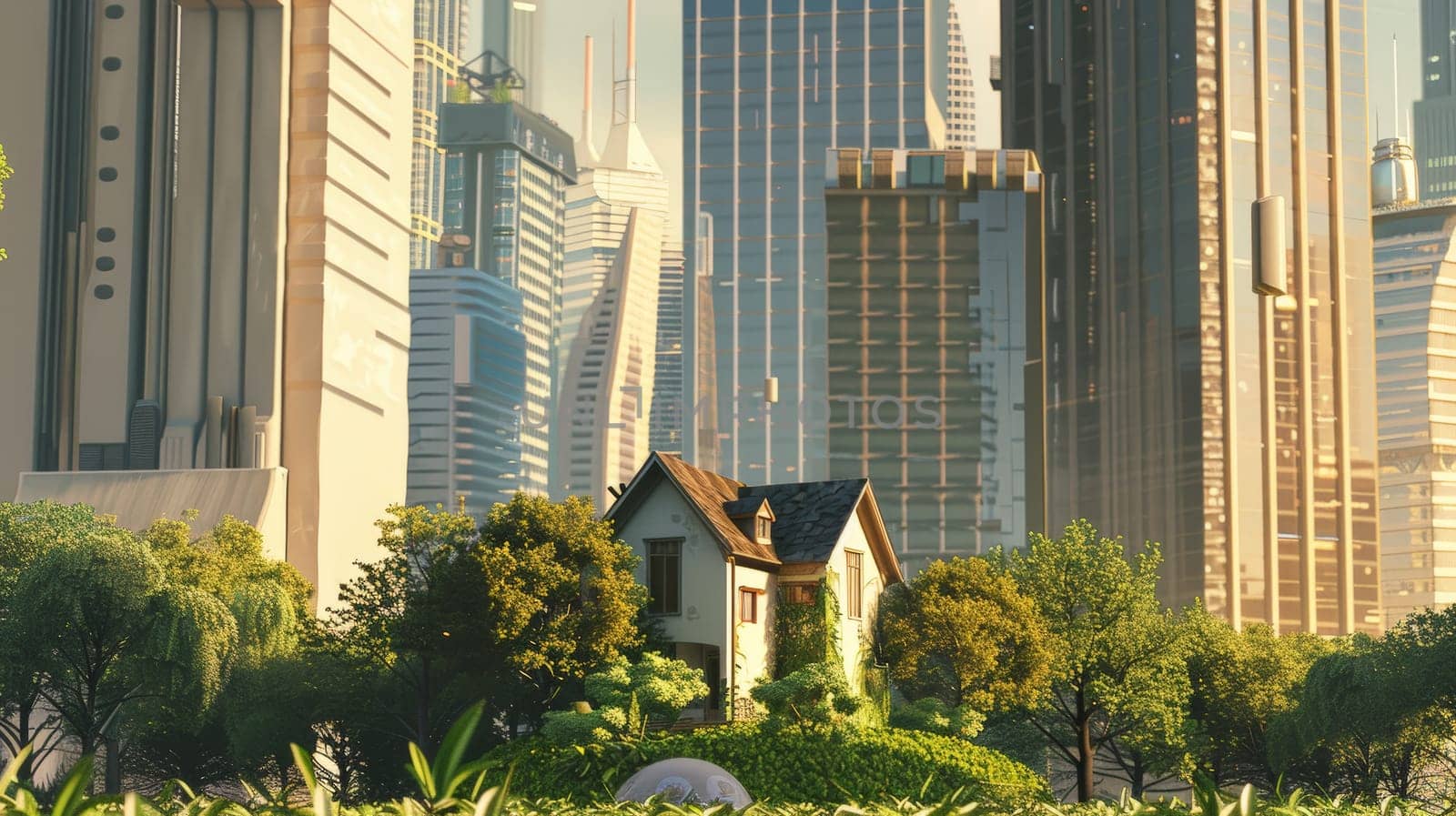 Discover the tranquil haven of a small house nestled within the bustling cityscape, its garden oasis a sanctuary amidst towering skyscrapers. This captivating juxtaposition symbolizes the harmonious coexistence of nature and urban life, offering a glimpse of respite in the heart of the metropolis.