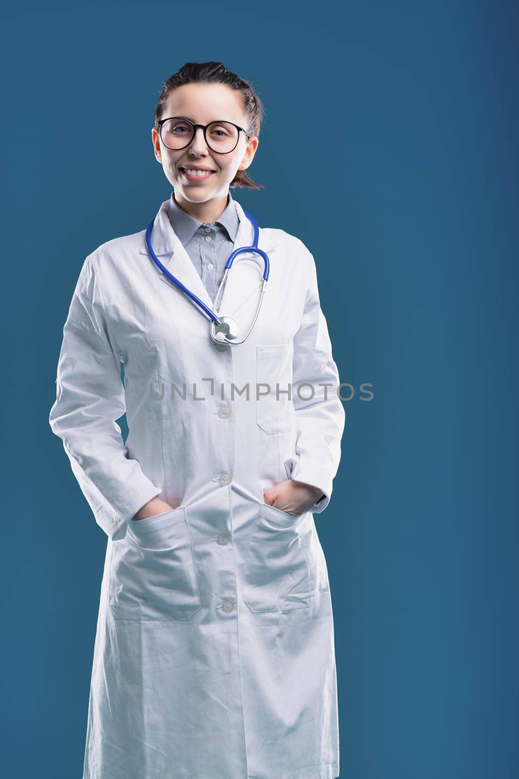medical professional stands confidently, her stethoscope and white coat symbolizing her commitment to healthcare