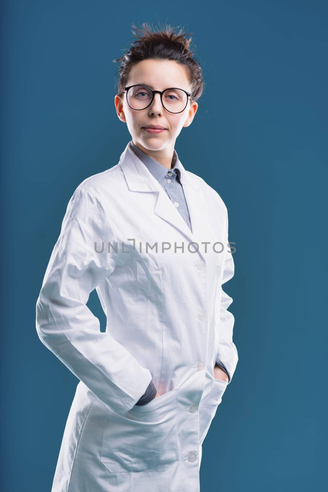 With her glasses and lab coat, she represents the intersection of intelligence and scientific acumen