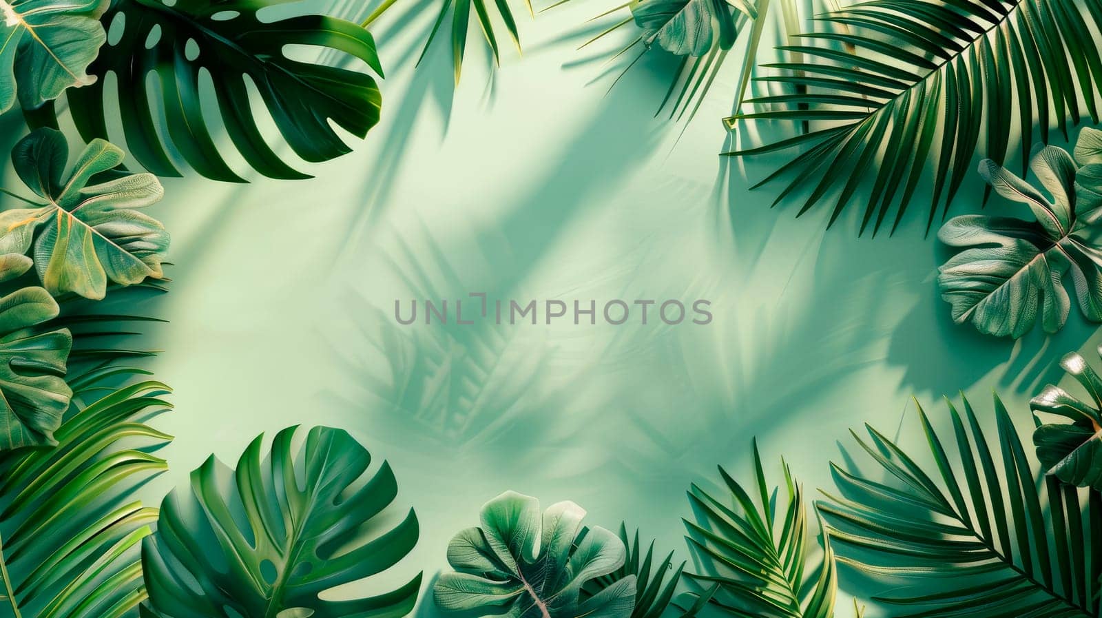 A green background with tropical leaves framing the edges, creating an elegant and refreshing summer atmosphere. Copy space. AI generated