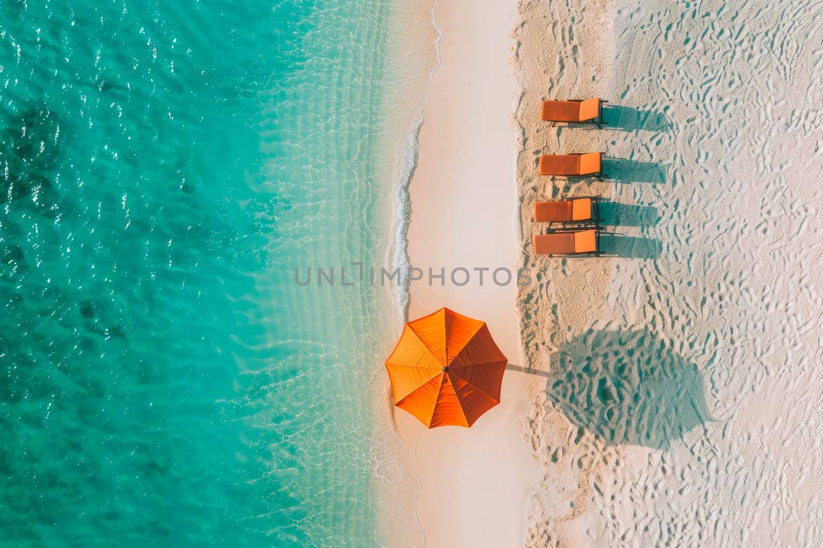 Beach umbrella and chairs. Amazing aerial view of paradise beach landscape with loungers and umbrella close to amazing tropic sea. AI generated