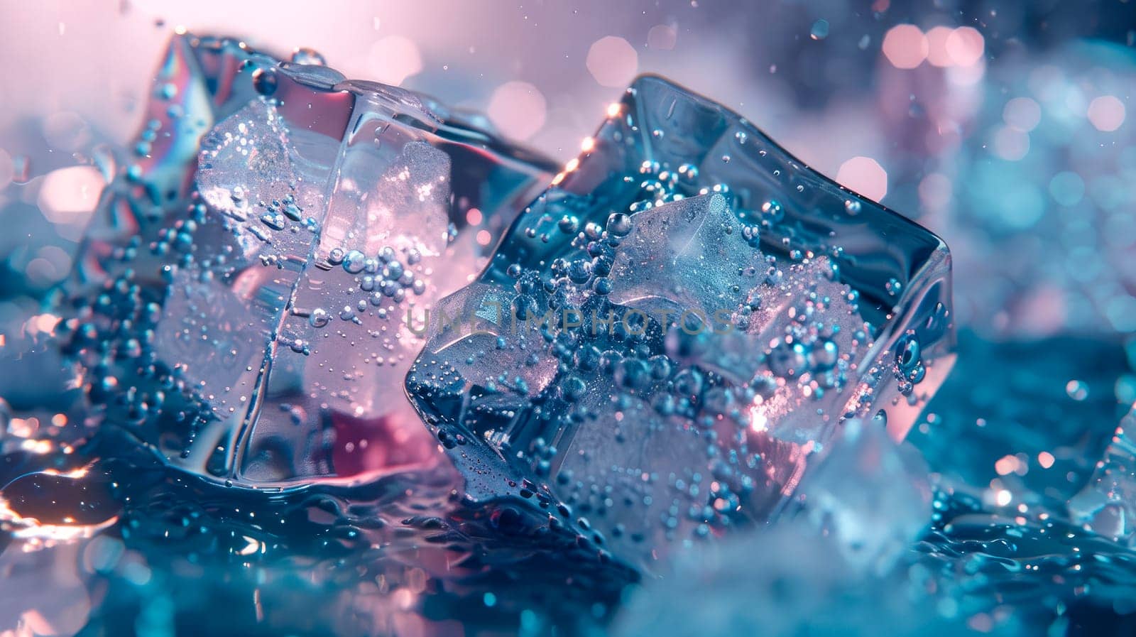 Transparent ice cubes, close up view. Chill backdrop. AI generated