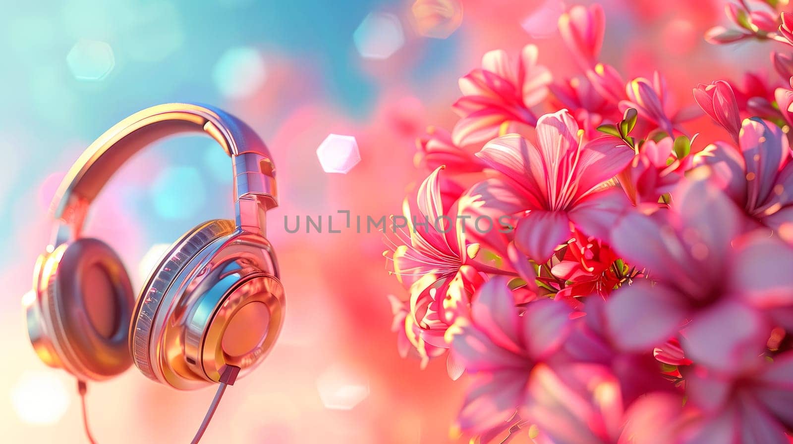 Creative and vibrant World Music Day background, featuring a wired headphones and beautiful flowers. AI generated