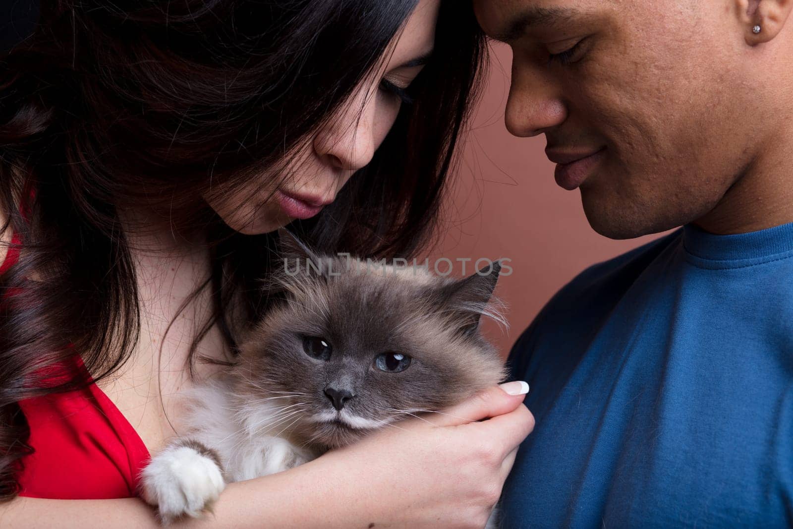 A pair loves their cat like a child. She, long-haired and fair he, bald and dark-skinned. She kisses the kitten he grins. Cat dominates its human servants