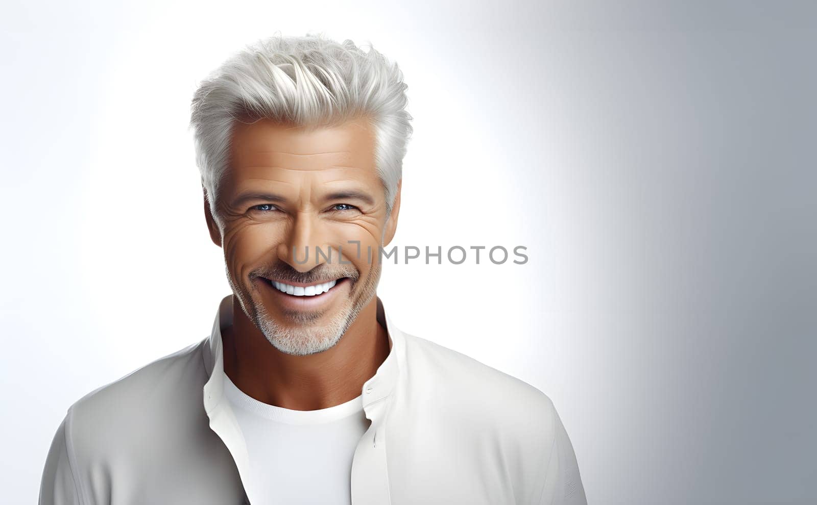 Portrait of cheerful smiling beautiful gorgeous model male against white background wearing shirt stands alone. Senior mature handsome mid-aged man looking at camera. Happy smile relaxed businessman