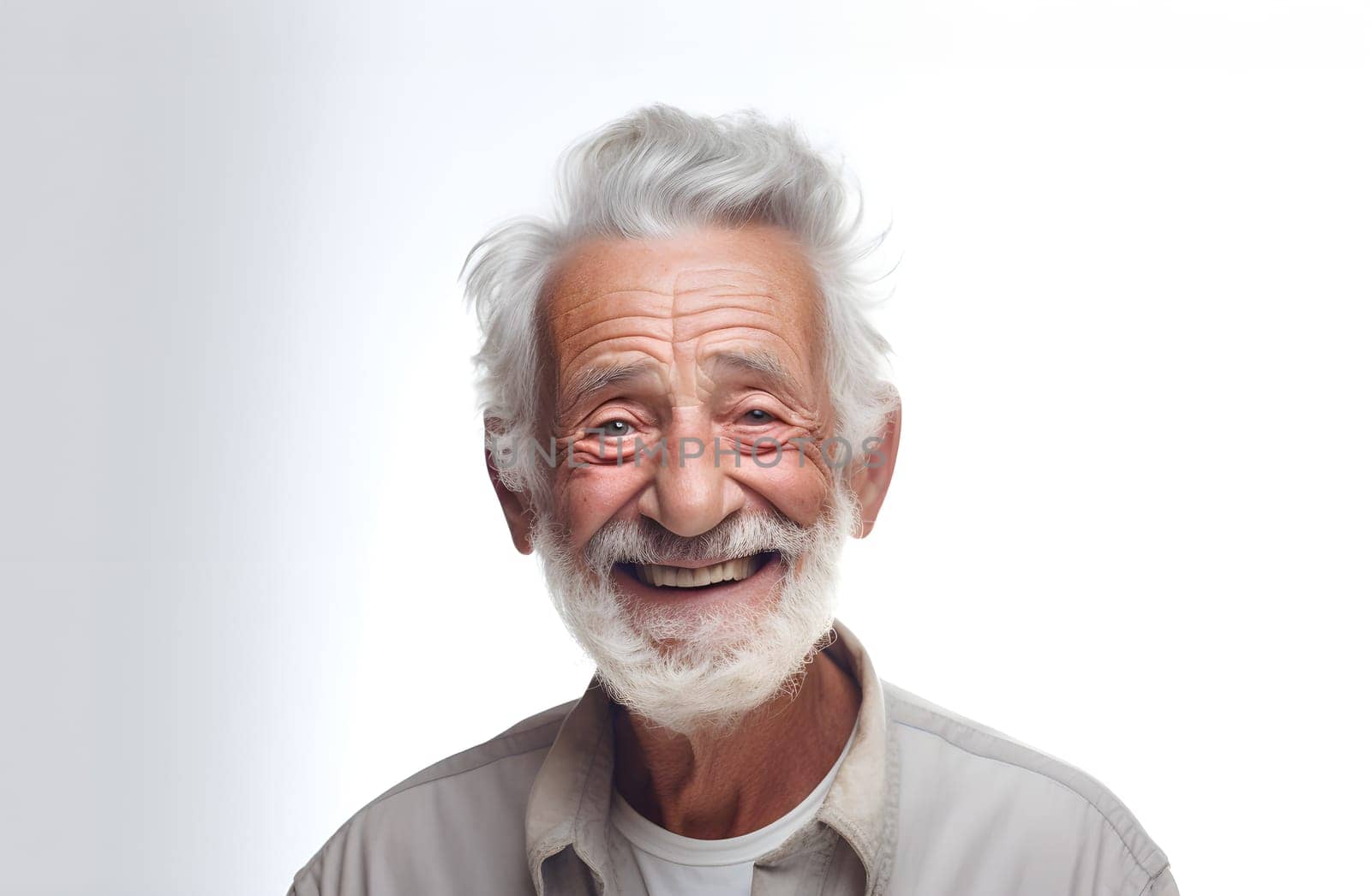 Cheerful smiling elderly male, white background wearing shirt. Senior mature mid-aged bearded man looking at camera. Gray-haired. Happy smile old grand father healthcare, retirement concept