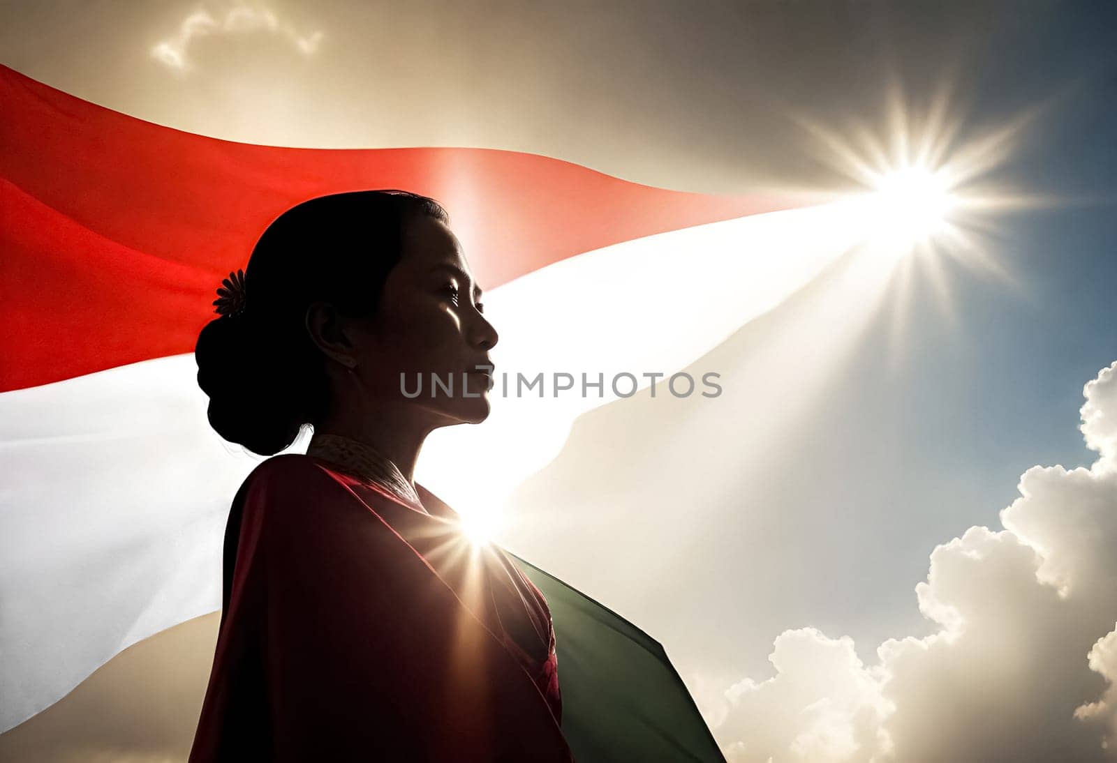 AI generated of silhouette of a person with a flag and sun shinning on the sky