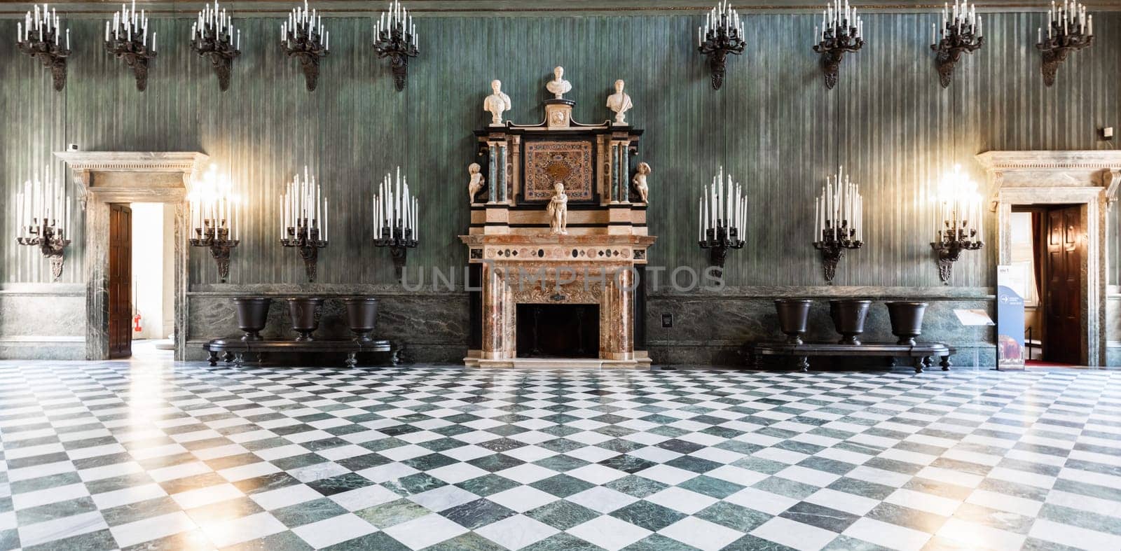 Turin, Italy -Royal Palace Entrance. Classic hall, luxury marble, room perspective
