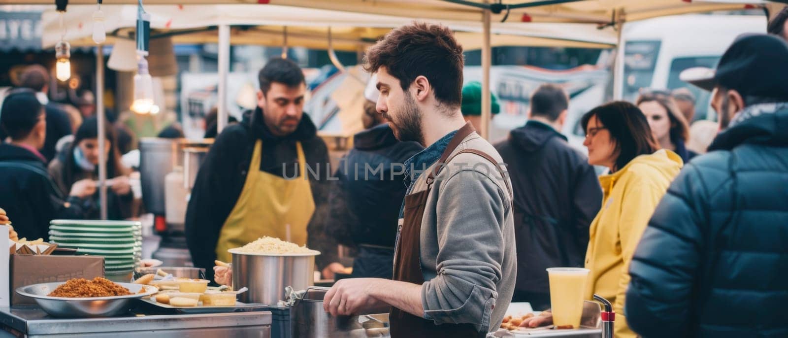 An evening view of a busy food stall with a vendor serving customers in a market setting