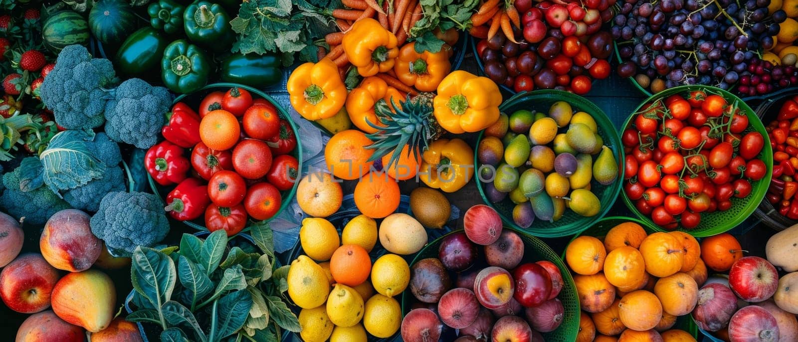 An abundant display of fresh produce, including various fruits and vegetables, arranged in a vibrant market stall setting, showcasing nature's palette of colors